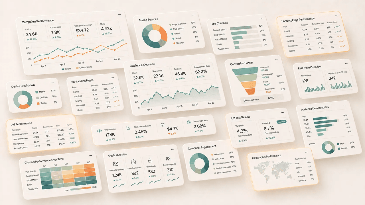 Illustration of an analyst with a magnifying glass, calculator, and pie chart reviewing results