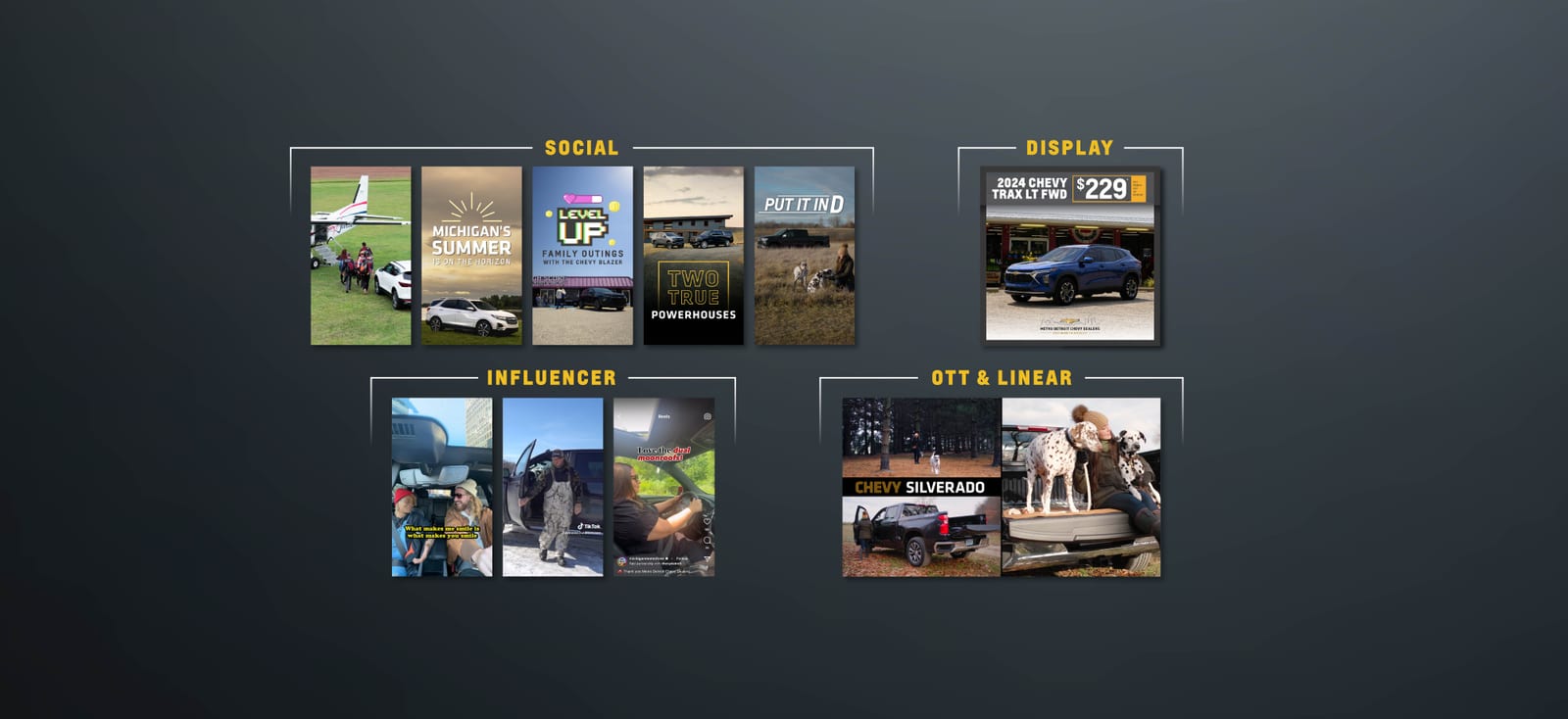 collage of work examples done for metro detroit chevy dealers for various platforms and formats for a personalized automotive marketing approach