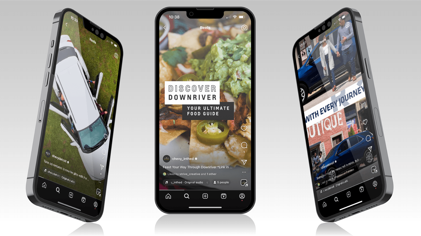 3 phone screens displaying social media creative for metro detroit chevy dealers personalized automotive marketing approach